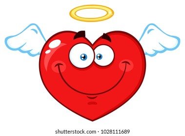 Angel Red Heart Cartoon Emoji Face Character With Wings And Halo. Vector Illustration Isolated On White Background