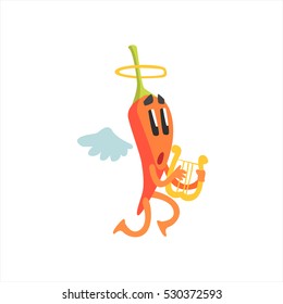 Angel Red Hot Chili Pepper Humanized Emotional Flat Cartoon Character With Wings And Halo Playing Lyre