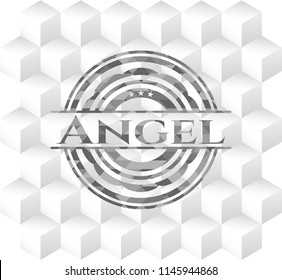 Angel retro style grey emblem with geometric cube white background
