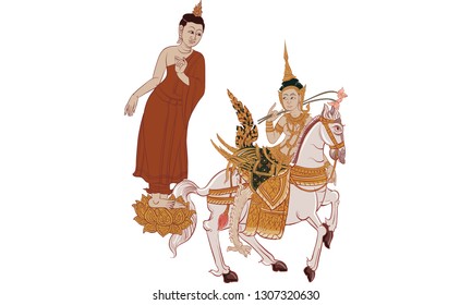 Angel riding horse in Thai traditional temple painting, vector 
