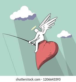 Angel, riding on the heart, in the sky fishes.  Vector illustration.