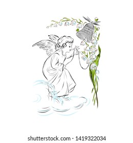 Angel ringing the bell. Lilies of the valley. Graphic vintage linear drawing. Concept for religious holidays - Easter, Christmas. Biblical heavenly symbol of child with wings. 