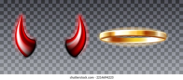 Angel rings and devil horns. Saint golden glowing circle halo and red demon horns evil symbol. Design for halloween costume. Vector illustration on transparent background svg