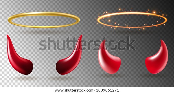 Angel rings and devil horns. Saints golden glowing\
circle halo, shiny yellow aureole and red demon horn evil symbol\
realistic halloween costume design vector 3d isolated on\
transparent background\
set
