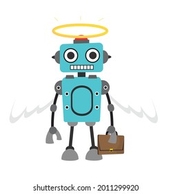 Angel Robot Going to Work Flat Vector Cartoon 