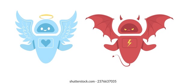 Angel robot with halo and devil cyborg with horns. Artificial intelligence. Cute mascot, positive and negative future technology. Cartoon flat isolated illustration. Vector ai risks concept