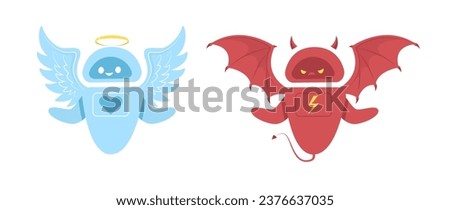 Angel robot with halo and devil cyborg with horns. Artificial intelligence. Cute mascot, positive and negative future technology. Cartoon flat isolated illustration. Vector ai risks concept