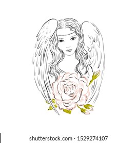 Angel with rose flower. Hippie woman with headband and wings. Decor for greeting retro cards for Christmas, Easter and other religious holidays. Biblical heavenly symbol 