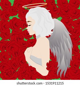 Angel in roses. Girl on a background of roses. Vector art