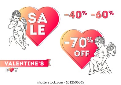 Angel sale, Valentine's Day big sale in contemporary art graphic with gradients and outline graphic angels, special offer, discount up to seventy, white background