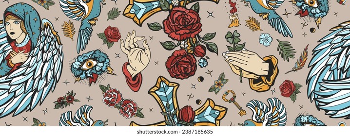 Angel seamless pattern. Good and evil art. Holy nun. Cross with roses, hands prayer, dove. Sin and holiness. Paradise background