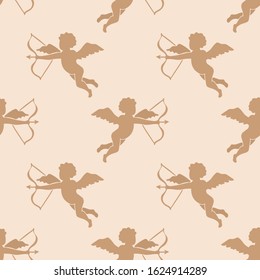 Angel seamless pattern in minimalistic style. Romantic wallpaper design for Valentines day. Holiday hand-drawn vector cupid texture.