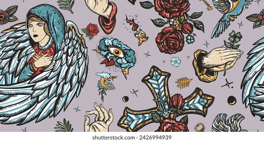 Angel seamless pattern.  Paradise background. Good and evil art. Holy nun. Cross with roses, hands prayer, dove. Sin and holiness