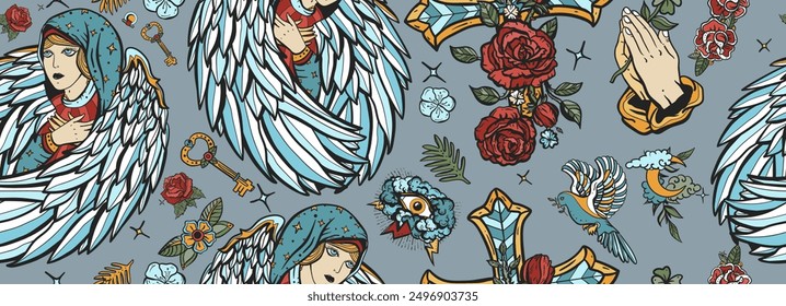 Angel seamless pattern. Paradise background. Cross with roses, hands prayer. Sin and holiness. Good and evil art. Holy nun