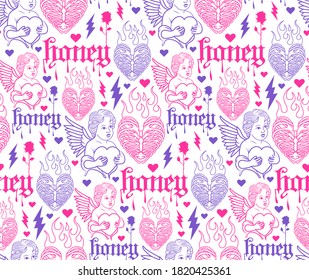 Angel seamless pattern in pink and purple colors