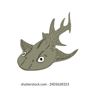 Angel shark vector illustration isolated on white. Dangers of shark on the beach. The biggest fear for divers and swimmers. Under water alert for diving and swimming. Squatina squatina.