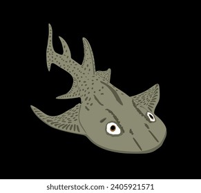 Angel shark vector illustration isolated on black. Dangers of shark on the beach. The biggest fear for divers and swimmers. Under water alert for diving and swimming. Squatina squatina.