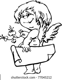 Angel with a sheet of paper. image contour, no background.
