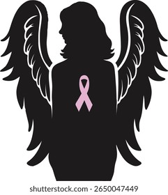 Angel silhouette with detailed feathered wings and pink ribbon emblem, representing hope and support for Breast Cancer Awareness, ideal for posters or t-shirt graphics