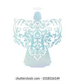 Angel silhouette and nimbus. Beautiful Flying angel and Happy Easter calligraphy text on a Watercolor blue background. Vector Stencilled retro style.