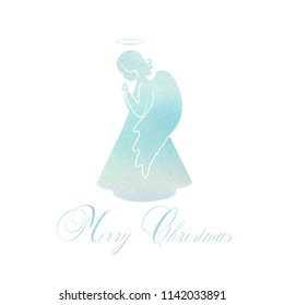 Angel silhouette and nimbus. Beautiful Flying angel and Merry Christmas calligraphy font text on a Watercolor blue background.