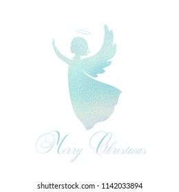 Angel silhouette and nimbus. Beautiful Flying angel and Merry Christmas calligraphy font text on a Watercolor blue background.