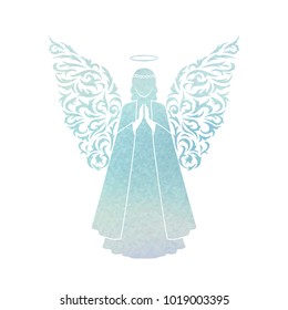 Angel silhouette and nimbus. Beautiful angel on a Watercolor blue background. Vector Stencilled retro style.