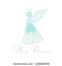 Angel silhouette and nimbus. Beautiful praying angel and Merry Christmas calligraphy font text on a Watercolor blue background.