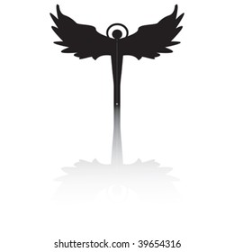 Angel silhouette with shadow, isolated vector on white