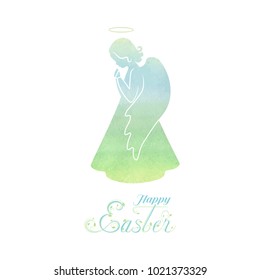 Angel silhouette with wings and nimbus. Praying angel with Watercolor green, blue background. Beautiful applique. Abstract design. Isolated vector objects.