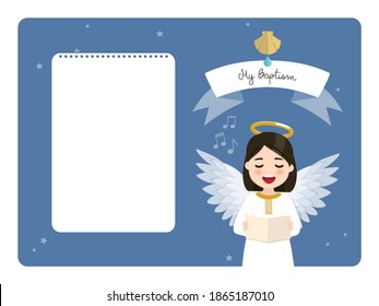 Angel singing. Baptism horizontal invitation on blue sky and stars background. Vector illustration