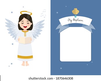 Ángel cantando. Invitación horizontal del bautismo sobre el cielo azul y la invitación de las estrellas. Ilustración del vector
