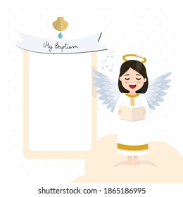 Angel singing. Baptism invitation with message and white background. Vector illustration