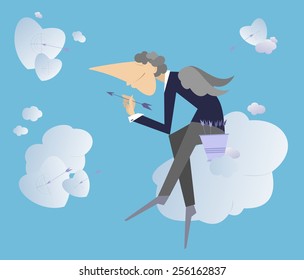 Angel sits on the cloud and throws darts to hearts