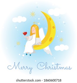 An angel sits on the edge of the moon with the personification of love and peace in his hands, under the falling snow and stars. Decor for greeting cards, banners and invitations for Christmas. 