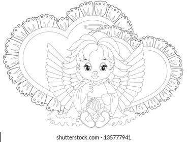 angel sitting in front of hearts isolated on white background