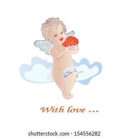 Angel sitting on a cloud with a bouquet of flowers.