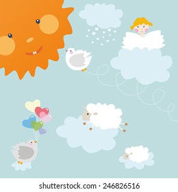 Angel is sitting on a cloud on a bright sunny day