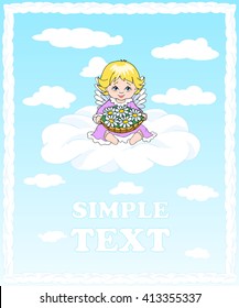 Angel sitting on a cloud and holding a basket of flowers. Cute baby in long dress with lace.  Card. Children's illustration. Vector