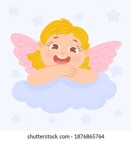 Angel is sitting on a cloud with starry sky background