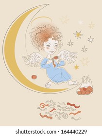 Angel sitting on the moon and eat tangerines, traditional Christmas treat