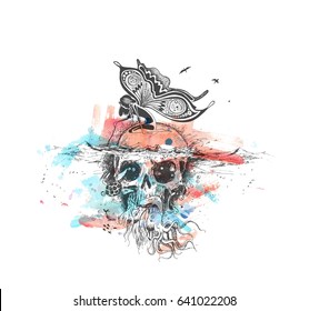Angel sitting on underwater skull, poster design . vector Illustration