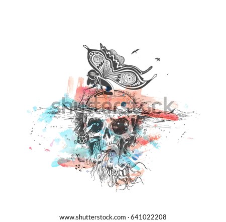 Angel sitting on underwater skull, poster design . vector Illustration