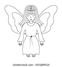 Angel. Sketch. Vector illustration. Girl with wings. The fairy lady closed her eyes. The little sorceress is flying. Coloring book for children. Outline on white isolated background. Doodle style. 