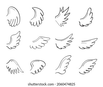 Angel sketch wing set vector. Marker hand drawn style of holy creations. Wing, feathers of bird, swan, eagle.