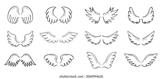 Angel sketch wing set vector. Marker hand drawn style of holy creations. Wing, feathers of bird, swan, eagle.