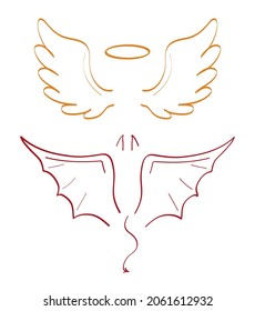 Angel sketch wing set vector. Marker hand drawn style of holy creations. Wing, feathers of bird, swan, eagle. Bat, vampire silhouette collection in line art. Gargoyle, demon, devil doodle are shown 
