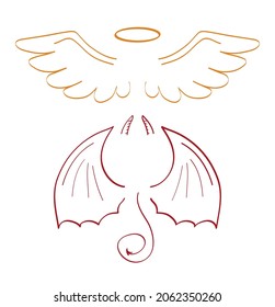 Angel sketch wing set vector. Marker hand drawn style of holy creations. Wing, feathers of bird, swan, eagle. Bat, vampire silhouette collection in line art. Gargoyle, demon, devil doodle are shown 