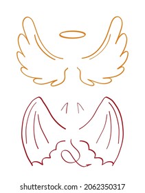 Angel sketch wing set vector. Marker hand drawn style of holy creations. Wing, feathers of bird, swan, eagle. Bat, vampire silhouette collection in line art. Gargoyle, demon, devil doodle are shown 