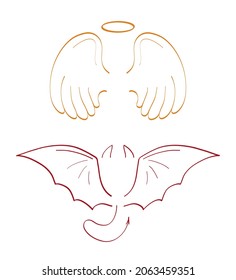 Angel sketch wing set vector. Marker hand drawn style of holy creations. Wing, feathers of bird, swan, eagle. Bat, vampire silhouette collection in line art. Gargoyle, demon, devil doodle are shown 